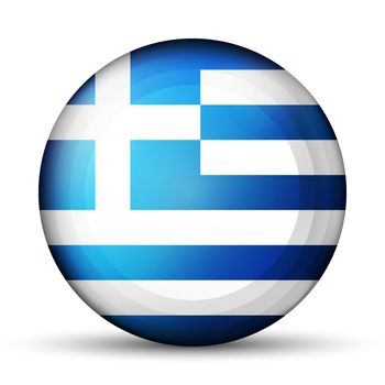 Glass light ball with flag of Greece. Round sphere, template icon. Greek national symbol. Glossy realistic ball, 3D abstract vector illustration highlighted on a white background. Big bubble