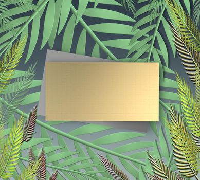 Tropical leaves on dark blue background. Gold gift label for mock up. Exotic botanical design. Mock up. 3D illustration