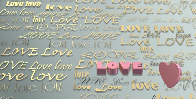 Word LOVE on gold green pastel background, 3D pink heart. Valentines, Love, party invitation, mothers day, 8th March, wedding, greeting card. Place for text. Elegant love design. 3D render