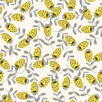 Seamless floral pattern based on traditional folk art ornaments. Colorful flowers on light background. Scandinavian style. Sweden nordic style. Vector illustration. Simple minimalistic pattern.