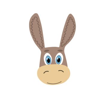 Colorful cute vector donkey face. One object on a white background. Cartoon flat illustration. Emoji funny pet animal. Embarrassed smile emotion. Template icon. Logo, sticker.