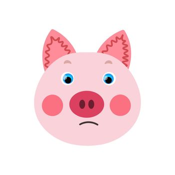 Colorful cute vector pig face. One object on a white background. Cartoon flat illustration. Emoji funny pet animal. Embarrassed smile emotion. Template icon. Logo, sticker.