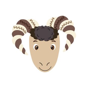 Colorful vector ram face. Cute sheep. One object on a white background. Cartoon flat illustration. Emoji funny pet animal. Embarrassed smile emotion. Template icon. Logo, sticker.