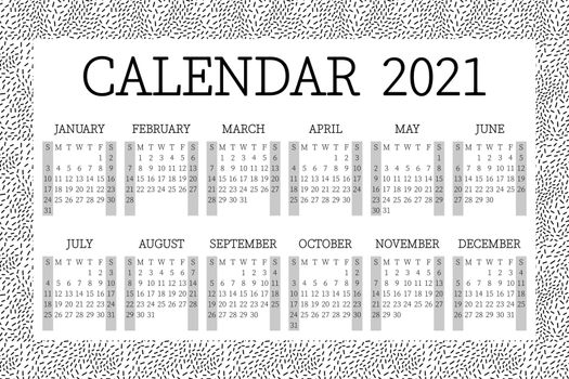 2021 calendar planner with border. Сorporate week. Template layout, 12 months yearly, white and black background. Simple design for business. Week starts from Sunday.