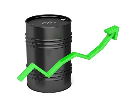 Oil price increase, concept image with green arrow and oil drum