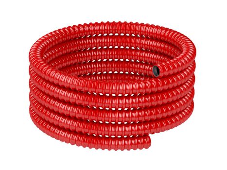 Roll of red corrugated pipe, isolated on white background
