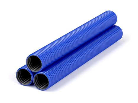 Blue corrugated pipes on white background