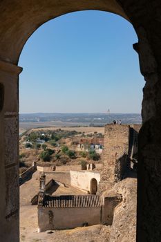 View of Juromenha castle window in Alentejo landscape in Portugal