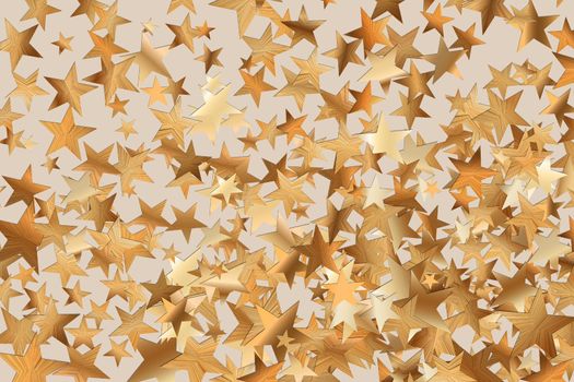 Stars golden glitter confetti isolated on blurred abstract beige background. Festive holiday background. Celebration concept. Falling magic gold particles. Invitation mock up. Top view, flat lay.