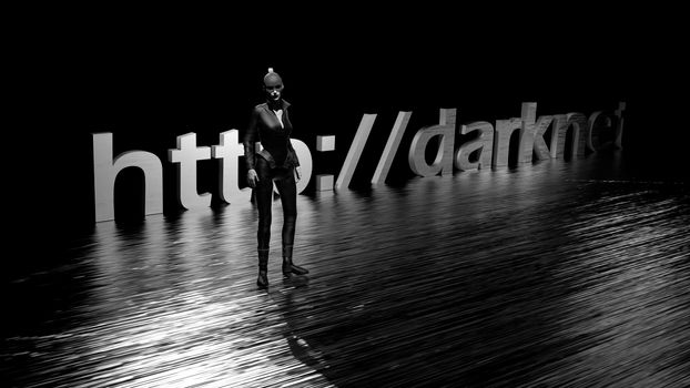 Darknet text word on dark background and a woman in black 3d rendering