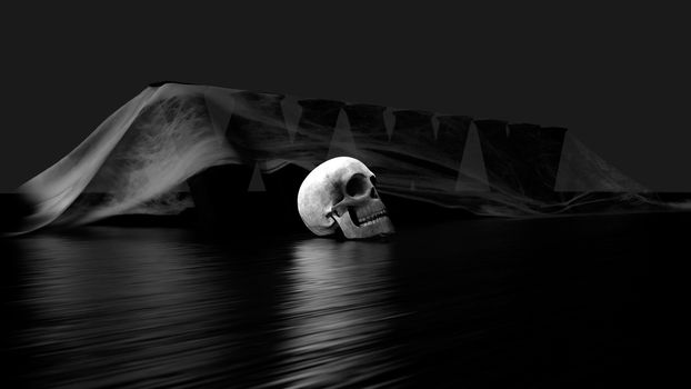 3d black text with skull and cobweb at dark background - 3d rendering