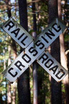 Close up of a railroad crossing sign in a forest