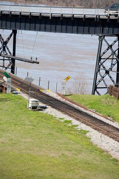 Train tracks crossing a river, signs that denote "Train traffic," "Speed limit 10" miles per hour, and "Do not throw trash off bridge"