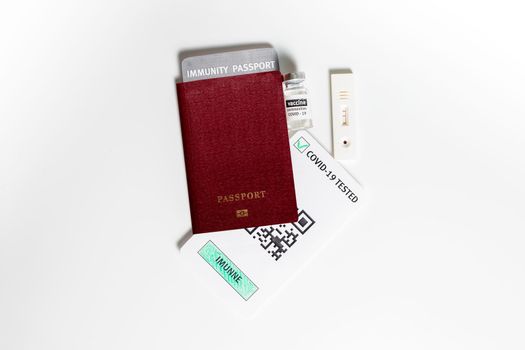 COVID-19 serological rapid diagnostic test on a passport,allows you travel during lockdown,immunity passport or health passport concept,certificate that person is convalescent.