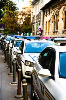 Romanian police (Politia Rutiera) car parked along the street in downtown Bucharest, Romania, 2021