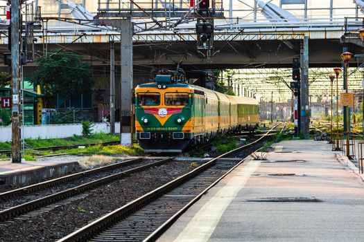 Detail of train in motion at train platform at Bucharest North Railway Station (Gara de Nord Bucharest) in Bucharest, Romania, 2020