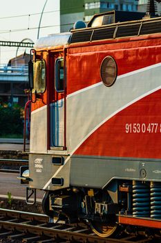 Detail of train in motion at train platform at Bucharest North Railway Station (Gara de Nord Bucharest) in Bucharest, Romania, 2020