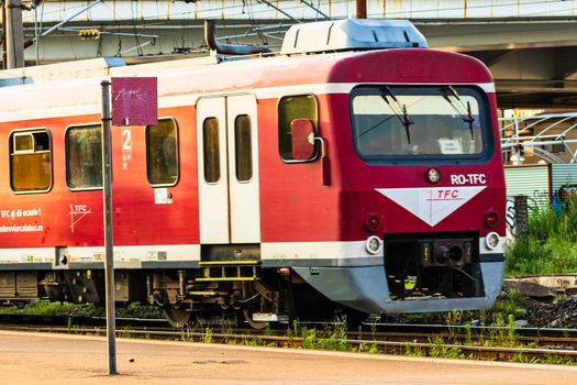 Detail of train in motion at train platform at Bucharest North Railway Station (Gara de Nord Bucharest) in Bucharest, Romania, 2020