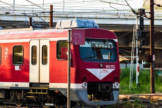 Detail of train in motion at train platform at Bucharest North Railway Station (Gara de Nord Bucharest) in Bucharest, Romania, 2020