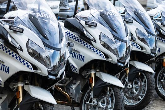 Romanian Police (Politia Rutiera) motorbikes parked in front of the Home Office (Ministry of the Interior) in Bucharest, Romania, 2020. Coronavirus worldwide outbreak crisis. Spread of the COVID-19 virus