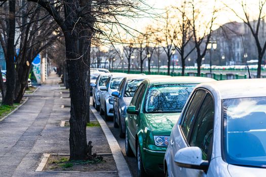 Car traffic at rush hour in downtown area of the city. Car pollution, traffic jam in the morning and evening in the capital city of Bucharest, Romania, 2020