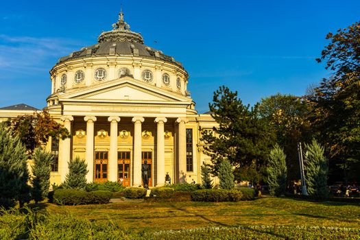 Detail view over the Romanian Athenaeum or Ateneul Roman, in the center of Bucharest capital of Romania