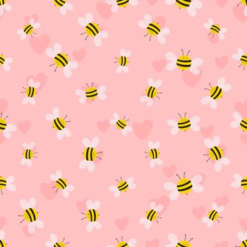 Seamless pattern with bees and hearts on color background. Small wasp. Vector illustration. Adorable cartoon character. Template design for invitation, cards, textile, fabric. Doodle style