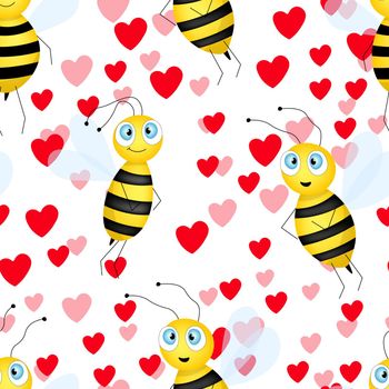 Seamless pattern with bees and hearts on white background. Small wasp. Vector illustration. Adorable cartoon character. Template design for invitation, cards, textile, fabric. Doodle style.