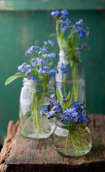 Blue forget-me-nots on a wooden table