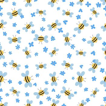 Seamless pattern with bees and flowers on white background. Adorable cartoon wasp characters. Template design for invitation, cards, textile, fabric. Doodle style. Vector illustration.