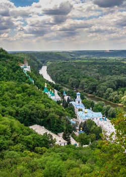 Svyatogorsk, Ukraine 07.16.2020.  View from above of the Holy Mountains Lavra of the Holy Dormition in Svyatogorsk or Sviatohirsk, Ukraine, on a summer day