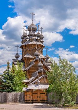 Svyatogorsk, Ukraine 07.16.2020.  Wooden All Saints skete, a part of the Svyatogorsk Lavra in Ukraine, on a sunny summer day