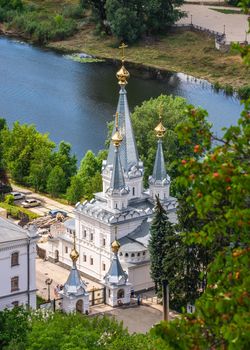 Svyatogorsk, Ukraine 07.16.2020.  View from above of the Holy Mountains Lavra of the Holy Dormition in Svyatogorsk or Sviatohirsk, Ukraine, on a summer day