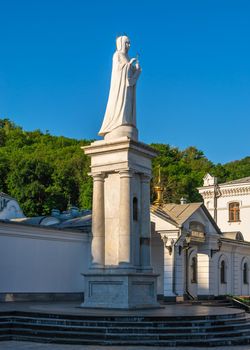 Svyatogorsk, Ukraine 07.16.2020.  Monument to the Holy Mother of God near the Svyatogorsk or Sviatohirsk lavra on a sunny summer morning