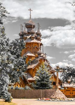 Svyatogorsk, Ukraine 07.16.2020.  Wooden All Saints skete, a part of the Svyatogorsk Lavra in Ukraine, on a sunny summer day