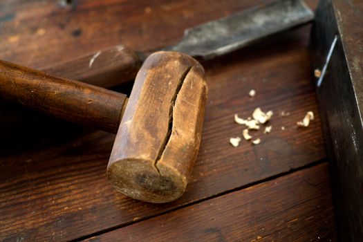 Wooden mallet and chisel for wood