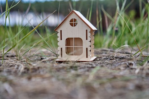 Miniature wooden house outdoor nature. Real estate concept. Modern housing. Eco-friendly energy efficient house. Buying home outside the city Fresh air. Mortgage, loan.