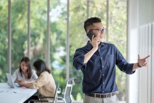 Business employee enjoy and happy to work at company office with positive attitude.