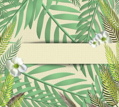 Tropical leaves in paper strip on paper background. Place for text, mock up. Top view, flat lay. 3D illustration