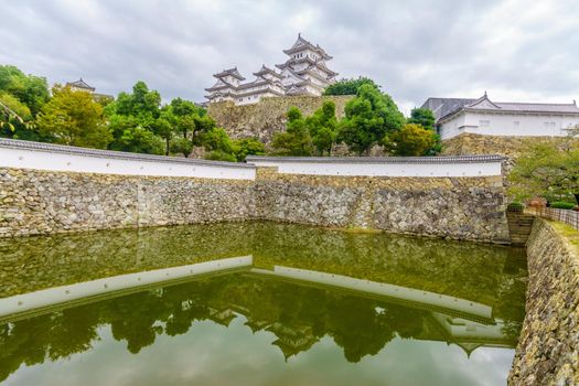 View of the Himeji Castle and the Mikuni Pond, in the city of Himeji, Hyogo Prefecture, Japan