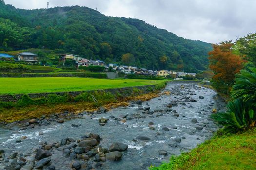 View of fields and countryside and the Katsura River, in Shuzenji, Izu Peninsula, Japan