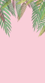 Tropical green leaves pattern on pink background. Exotic wallpaper. 3D illustration