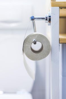 Close up of toilet paper roll on chrome hanger