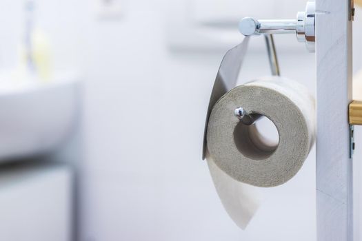 Close up of toilet paper roll on chrome hanger