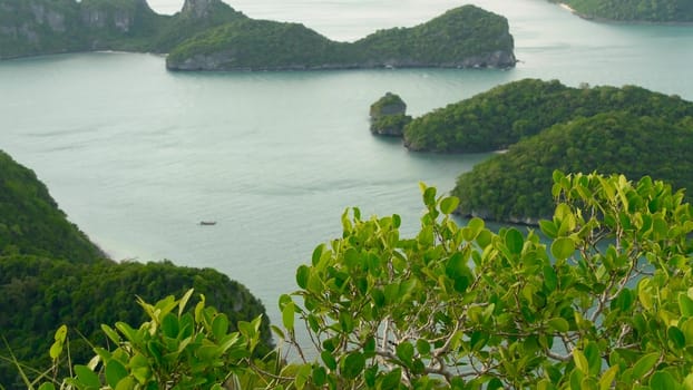 Bird eye panoramic aerial top view of Islands in ocean at Ang Thong National Marine Park near touristic Samui paradise tropical resort. Archipelago in the Gulf of Thailand. Idyllic natural background.