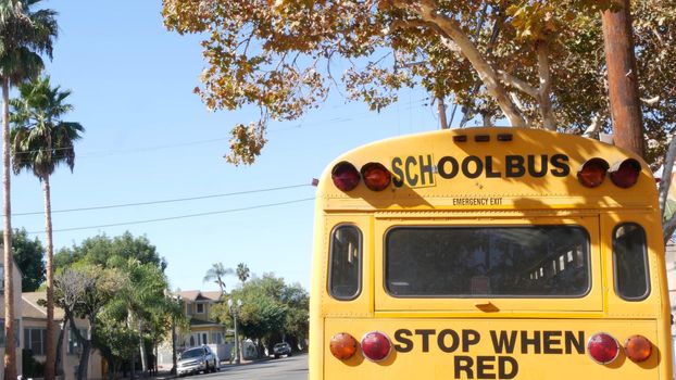 Yellow iconic school bus in Los Angeles, California USA. Classic truck for students back view. Vehicle stoplights for safety of children transportation. Public passenger transport for kids in suburb.