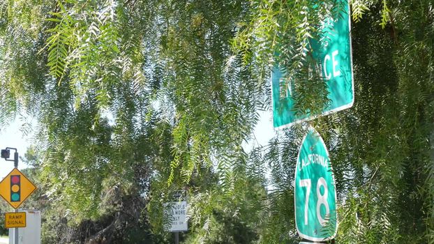 Freeway entrance sign on interchange crossraod in San Diego county, California USA. State Route highway 78 signpost plate. Symbol of road trip, transportation and traffic safety rules and regulations.