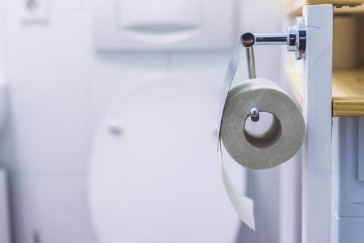 Close up of toilet paper roll on chrome hanger