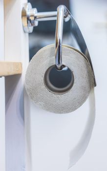 Close up of toilet paper roll on chrome hanger