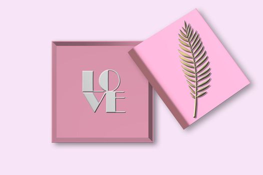 Empty Open gift box. Pink open box, text love on pink background. Valentines, love design Sale, surprise, gift, birthday, wedding, Valentines, loves template. Mock up, Flat lay, top view. 3D render